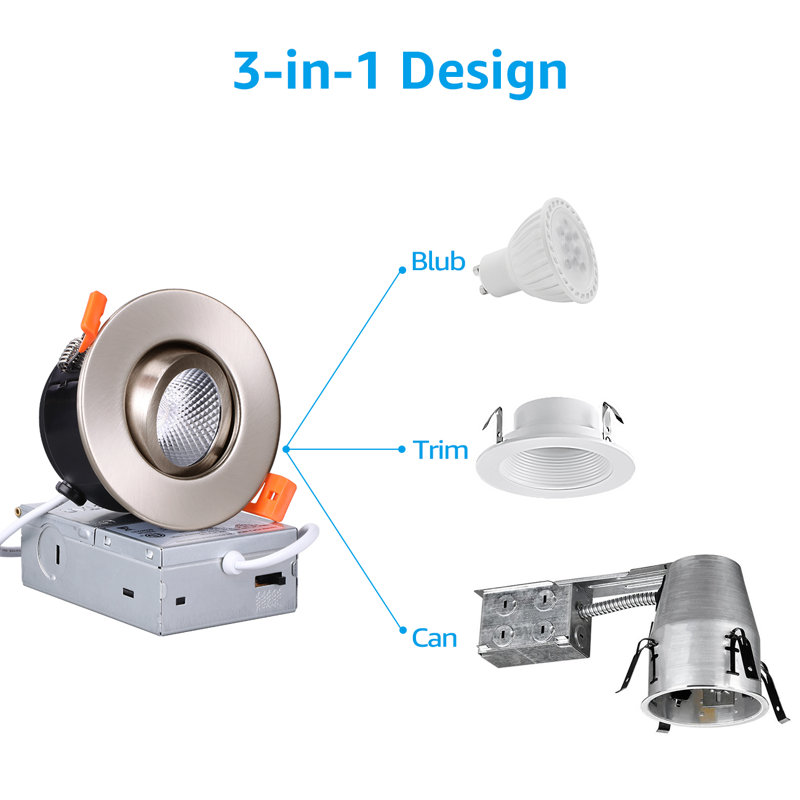 3 Inch LED Gimbal Recessed Light with J-Box, 5CCT 10-100% Dimmable, 35W Eqv., Satin Nickel