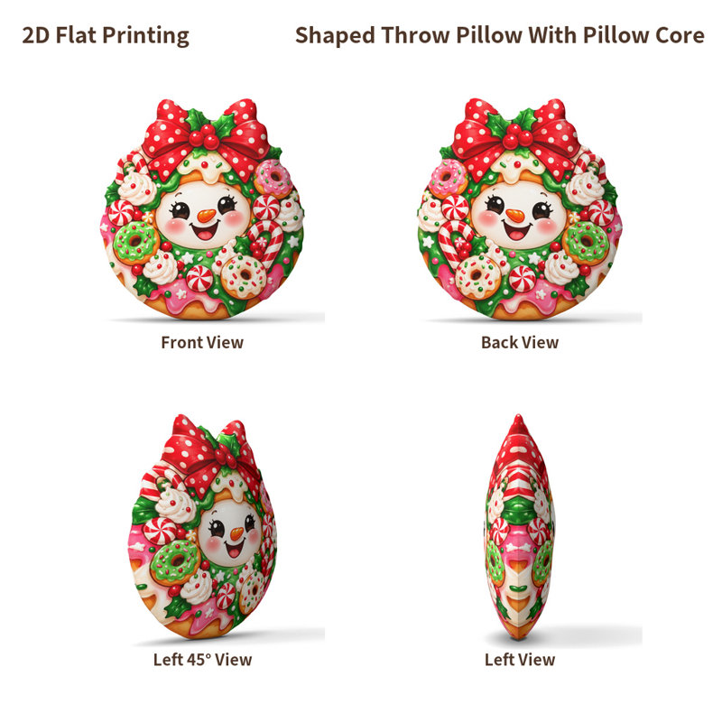 Coussin décoratif en peluche imprimé en 2D, motif bonhomme de neige avec couronne, beignes et cannes de Noël. 55 cm., 55 cm
