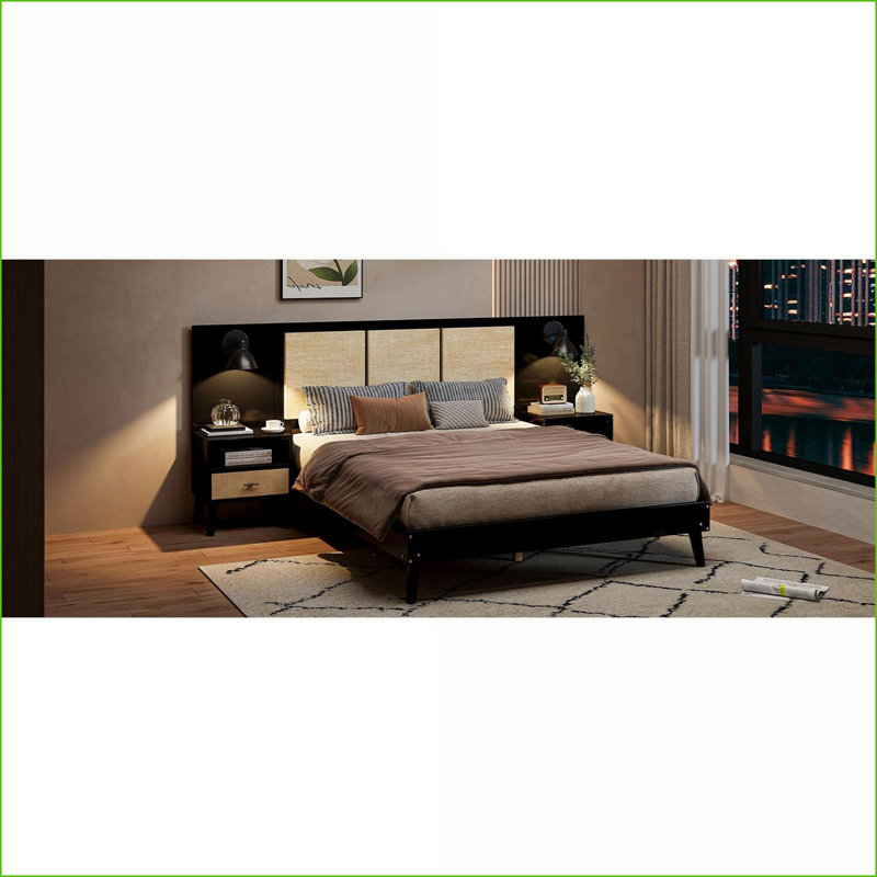 Grand lit plateforme en bois massif avec 2 tables de chevet Lampes intégrées, décorations en rotin, noir pour la chambre principale
