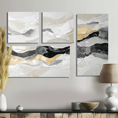 «Grey Black Paint Drift River Kinetic Art - Abstract Large Wall Art», 4 pièces