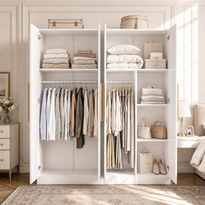 Armoire-penderie 4 portes de 63 po de largeur avec 2 tringles, 5 étagères intérieures et 2 compartiments de rangement supérieurs