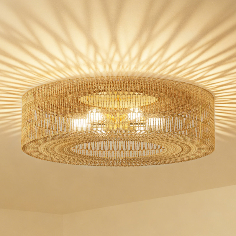 30" Boho Rattan Ceiling Light,6-Light Modern Farmhouse Rattan Light Fixture With Dimmable E26 LED Bulb Gold Handmade Ceiling Lamp For Dining Room,Hallway,Bedroom,Foyer And Kitchen