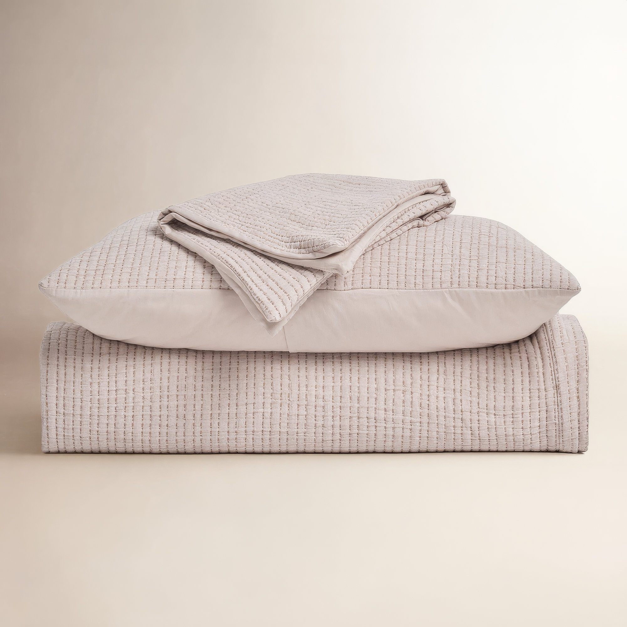 Solid Cotton Gauze Pick-stitch Matelesse Coverlet Bedspread set, Beige/White, King Quilt + 2 King Shams