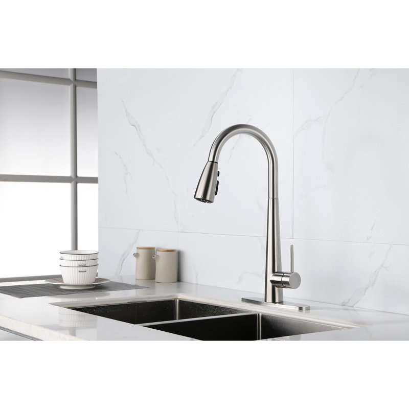 Stainless Steel Pull Down Kitchen Faucet With Deck Plate - Brushed Nickel, High Arc Single Handle, Modern Appeal Sink Steel, Feature