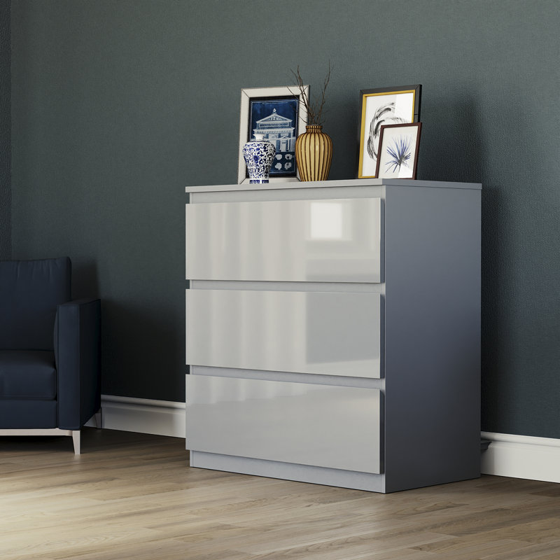 Oslo 3 Drawer High Gloss Chest, (FSC 100%) Bedroom Home Furniture, Grey