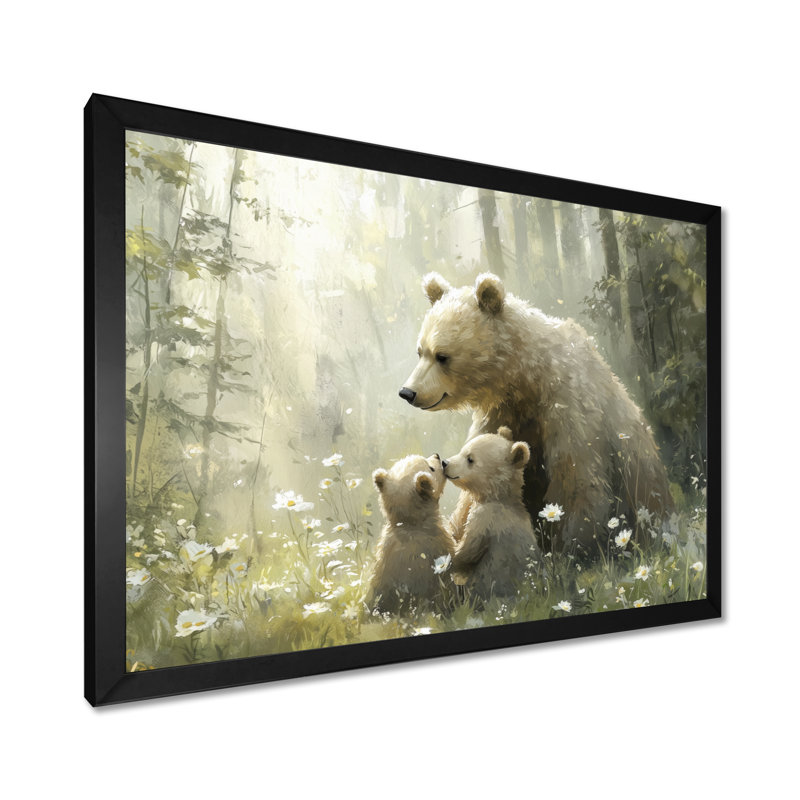 «Mother Bear with Cubs In Winter I», art mural ours, H 12 po x l 20 po, Picture Framed, Noir