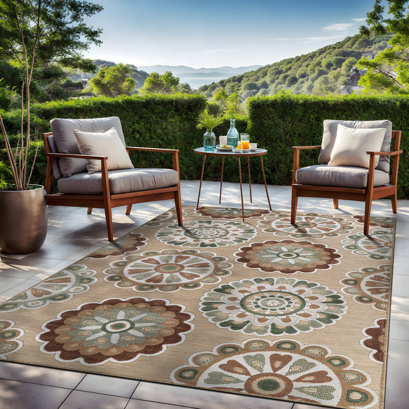Tapis floral d'intérieur pour l'extérieur, Beige, Rectangle 9' x 12'