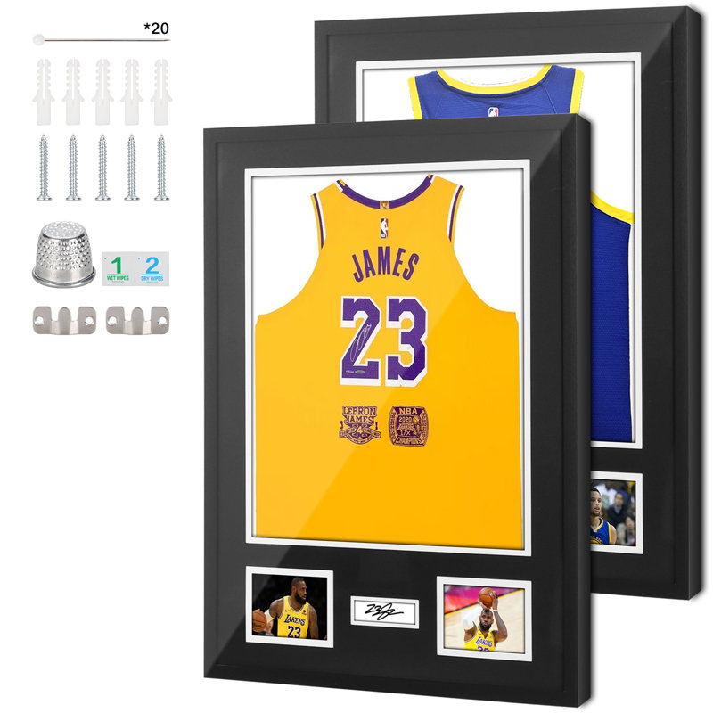 Présentoir en jersey avec protection UV, cadre en bois, tapis et tableau d'affichage pour chemises et photos de sport (paquet de 2)