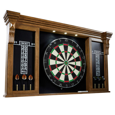Barrington Woodhaven Pub Dartboard Cabinet Set, LED Lit, Tournament 18” Bristle Dartboard