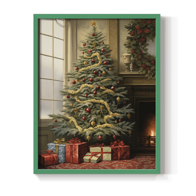 Reproduction d'art encadrée de Noël des Fêtes de Noël - bois massif, H 15 po x l 12 po, Vert