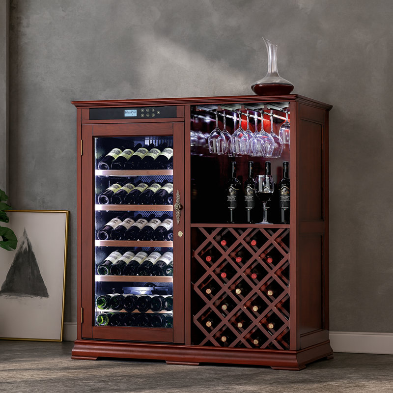 Freestanding Wine Cabinet, Stylish Wine Cooler With UV-Resistant Glass Door, LED Light & Storage Rack