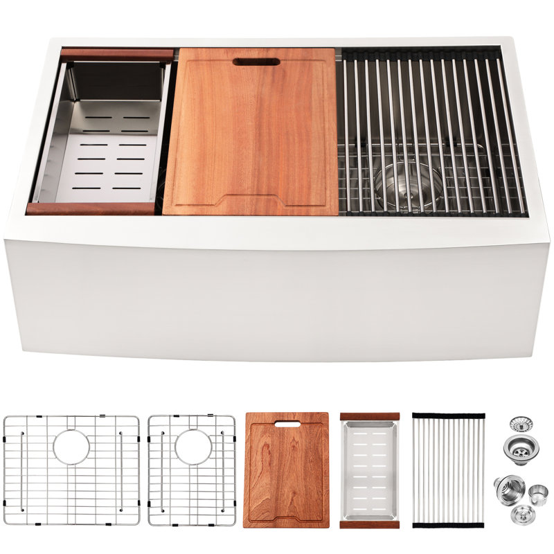 16 Gauge Double Bowl  60/40  33 Inch Apron Front Stainless Steel Kitchen Sink With Workstation For Smooth Operations, Includes Cutting Board And Grid X - Shaped Drain Guide, Package Colander