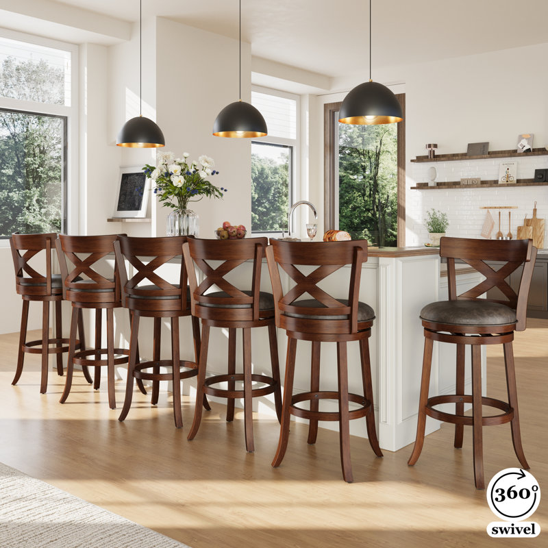 Tabouret de bar pivotant rembourré de 76 cm (30 po) avec cadre en bois massif et siège en similicuir pour la cuisine (ensemble de 6)