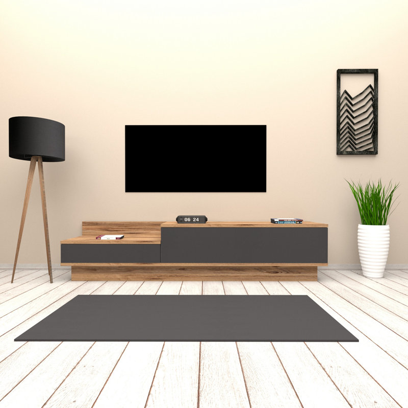 Meuble télé moderne avec de nombreuses tablettes, pin atlantique et anthracite, 63,0 x 13,8 x 13,8 pouces | 100% panneau de particules enduit de mélamine, épaisseur: 0,7 pouce | Rangement supplémentaire, design élégant pour les salons contemporains