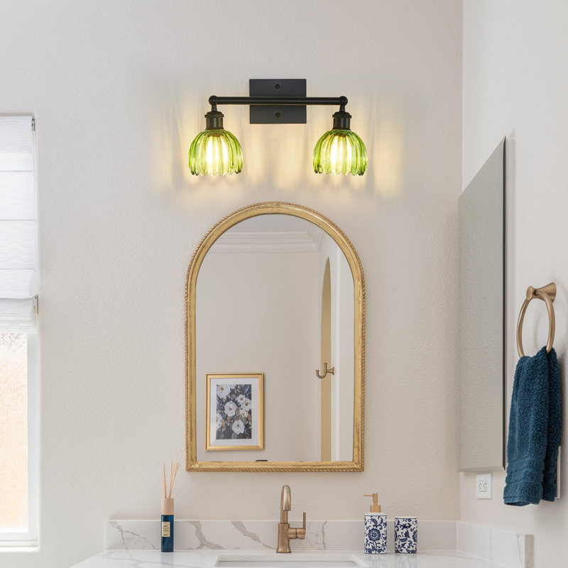 2-Light Black Vanity Light Wall Light Over Mirror With Green Tulip Glass Shade, Matte Black, Green, 2 Lights