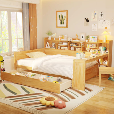 Wooden Daybed With Storage Shelves, Multi-Functional Bed With Storage Drawers And Study Desk