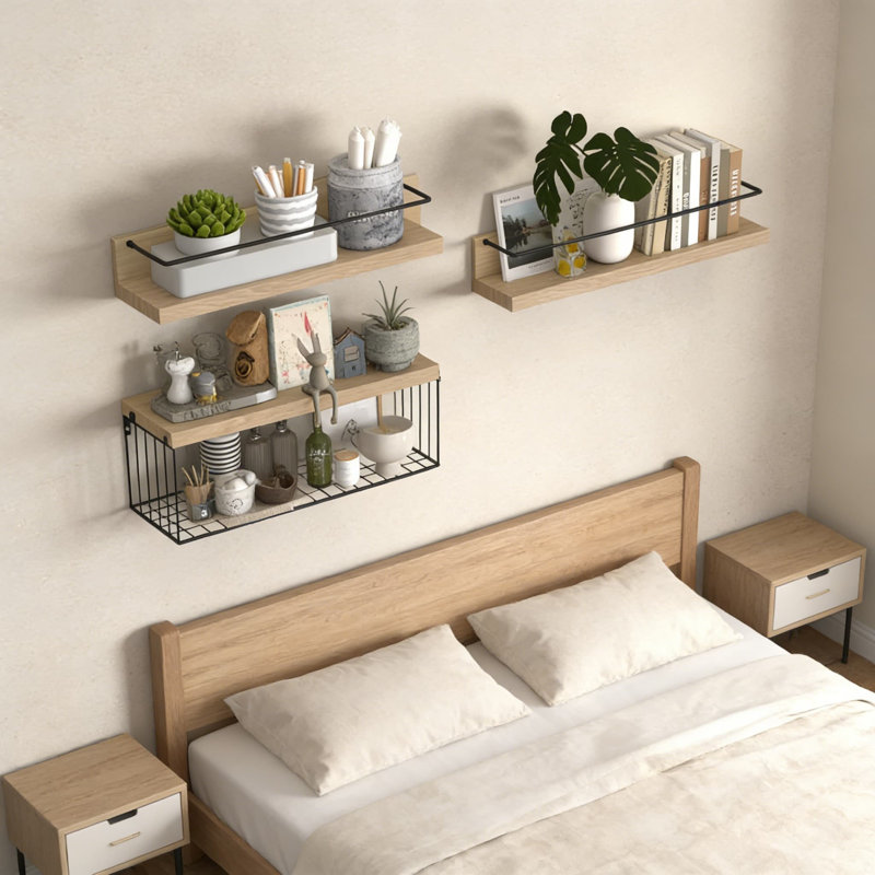 Ensemble de tablettes murales flottantes avec panier de rangement et porte-serviettes, tablettes multifonctionnelles pour la salle de bain, la cuisine, le salon, la chambre à coucher et la salle de classe