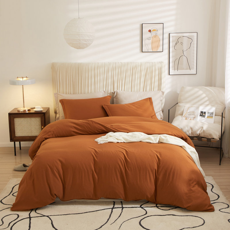  Breathable Washed Microfiber Duvet Cover Set, King Duvet Cover + 2 King Shams, Brunt Orange