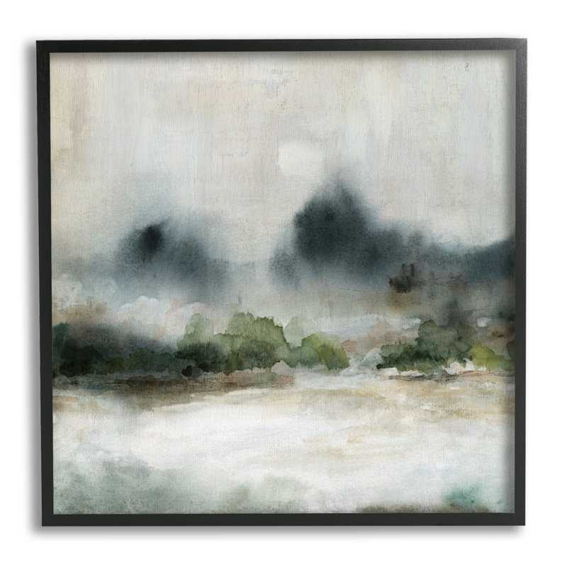 Enigmatic Foggy Mountain Abstract Landscape Scene Canvas Print with Black Frame