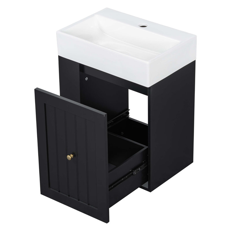 Meuble-lavabo de 20 pouces avec lavabo en céramique, armoire de rangement en panneau de fibres à densité moyenne avec tiroir, tablette latérale et poignée dorée - meuble-lavabo moderne pour les petites salles de bain
