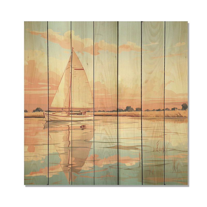 Peinture de voile orange coucher de soleil II - Bateau sur bois, H 15 po x l 15 po