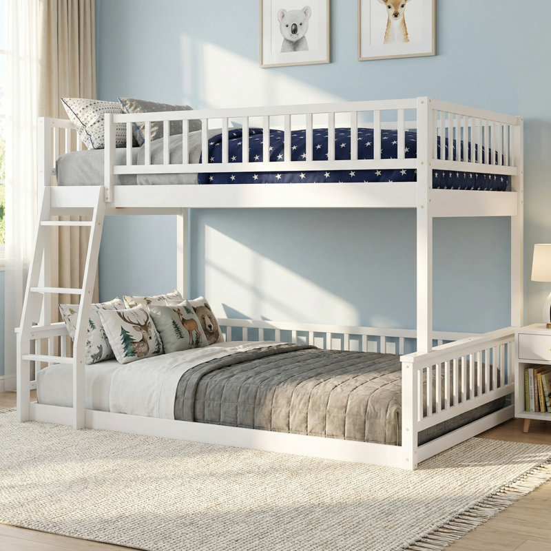 Solid Wood Full XL Over Queen Bunk Bed with Ladder and Guardrails for Bedroom, White