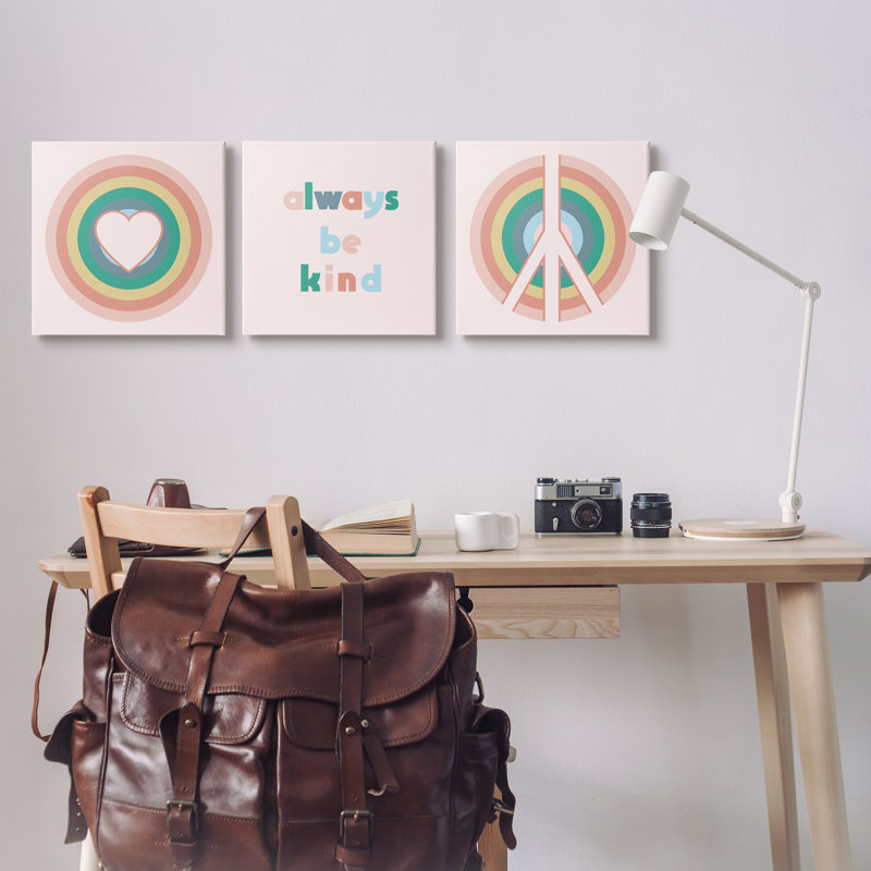 «Cute Always Be Kind Quote Rainbow Peace Sign» par Daphne Polselli - ensemble de 3 impressions, Toile tendue