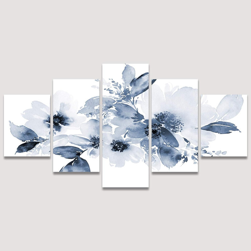 Minimal botanique français fleurs bleues aquarelles plantes abstraites 5 pièces