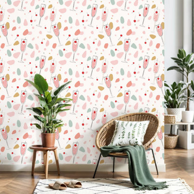 Peel and Stick Wallpaper Seamless Champagne Glasses Cherry Pastel Abstract Shapes Contact Paper Removable Self Adhesive Wall Mural Wall Decor for Bedroom Kitchen Cabinets 17.7in x 118in