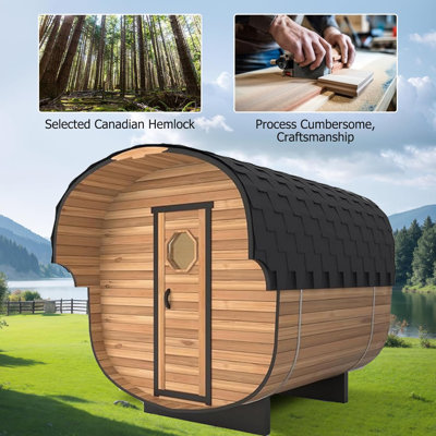 ZONEMEL Indoor and Outdoor Barrel Sauna Room with Asphalt Shingle Roof, Canopy, Canadian Hemlock Wood Steam Sauna with 4.5KW ETL Certified TOULE Heater, 220V, 195℉,70.9"W x 47.2"D x 70.9"H