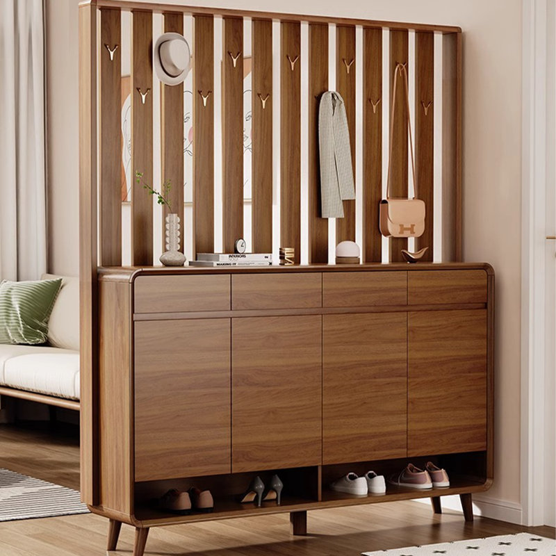 Modern Minimalist Style Walnut Color Solid Wood Multi-Functional Shoe Cabinet With Hanger Design