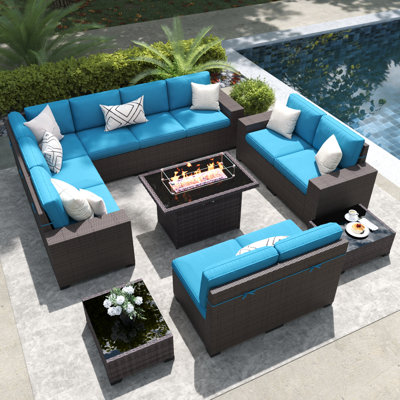 13 Pieces Outdoor Patio Furniture Set with 44" Fire Pit Table Brown Rattan Sectional Sofa Conversation Sets
