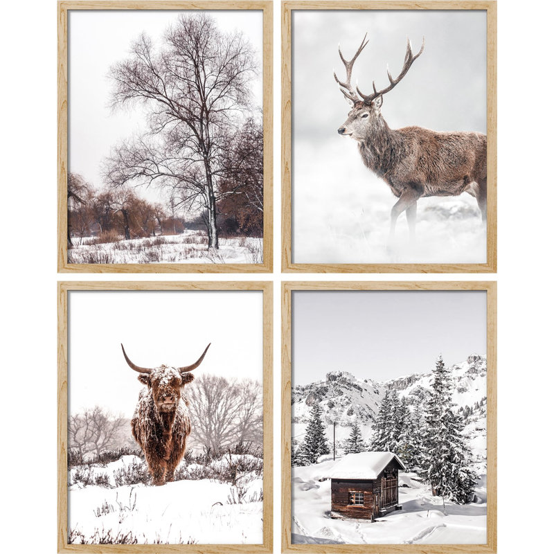 «Deer Winter Snow Frost Tree Cabin Nature», impression sur papier 4 pièces, Naturel, H 10 po x l 8 po