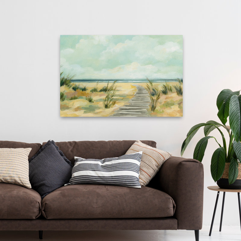 Chemin à travers les dunes, paysage côtier bleu, plage blanche, brun, H 48 po x l 32 po