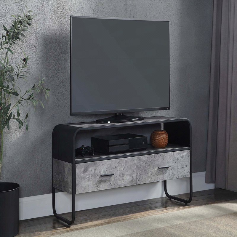 Meuble télé à structure métallique avec 2 tiroirs de rangement, gris béton et noir