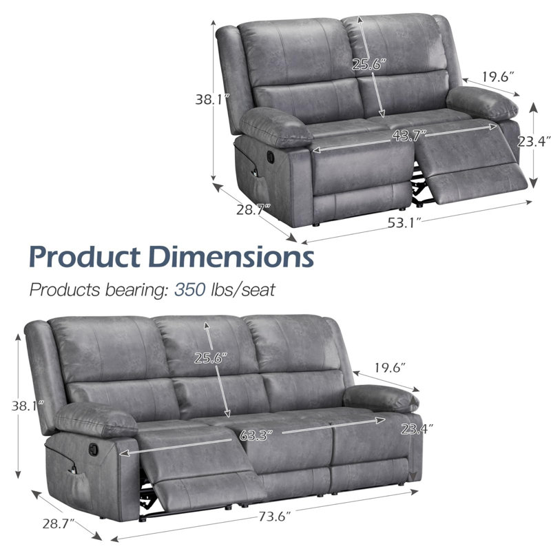 Ensemble de canapé inclinable, 2 fauteuils manuels en cuir pour le salon, fonction de massage et de chaleur, sièges de salon de style théâtre avec poches latérales, porte-gobelets