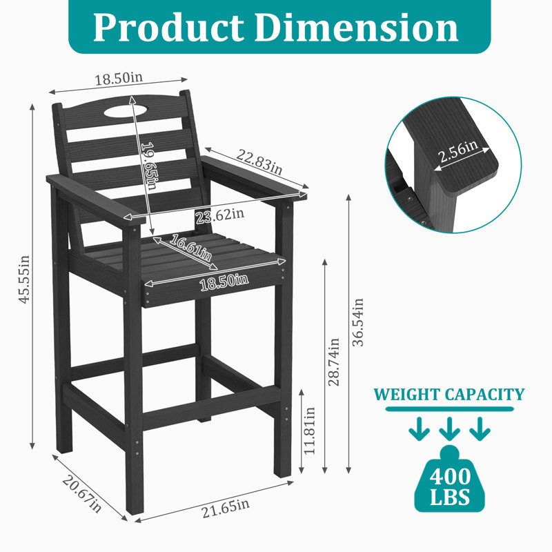 Ensemble de 2 tabourets de bar en PEHD toutes saisons avec chaises Adirondack, Black