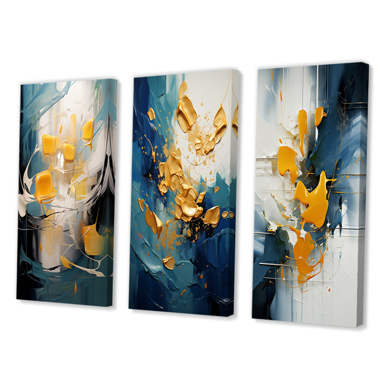 Sudden Happiness abstrait bleu sarcelle et jaune - ensemble de 3 impressions, H 32 po x l 48 po, Toile tendue