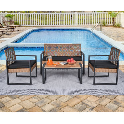 Modern Lawn Furniture 4: Wood Table, Brown , Ergonomic Design 4 Patio : Table Top, Seating, Rust- Frame