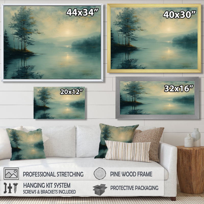 Brume d'hiver, paysage de lac romantique - salon d'art mural lac, Cadre flottant noir, 28" H x 60" W