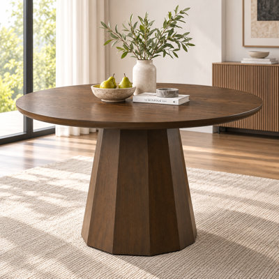 Table de salle à manger ronde 47,2 po avec plateau en placage de chêne, base piédestal à 12 facettes, table de cuisine pour 4 petits espaces