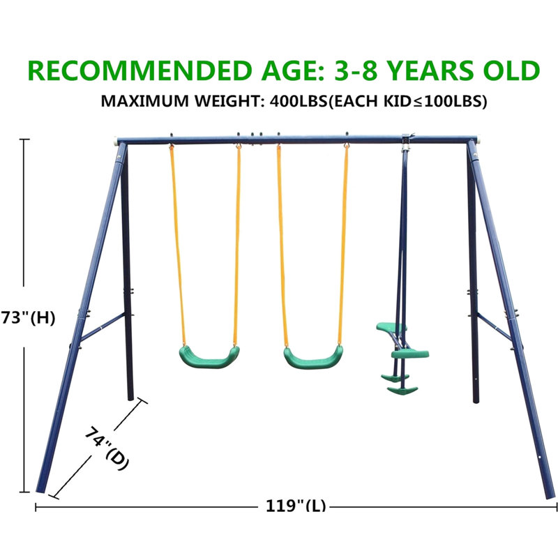 Balançoire en métal avec glissière pour jeunes, structure en A robuste, instructions d'assemblage faciles à suivre, sièges en U sécuritaires et confortables, conception météo, 4 balançoires de style banc, bleu, 112,97 po