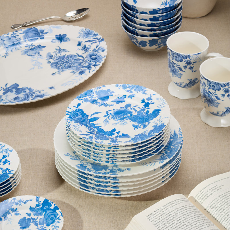 Gabrielle Blue Porcelain Salad Plate Set of 6, 9‑inch assorted scalloped floral toile plates, classic blue and white tableware for salads, desserts, brunch and timeless everyday dining