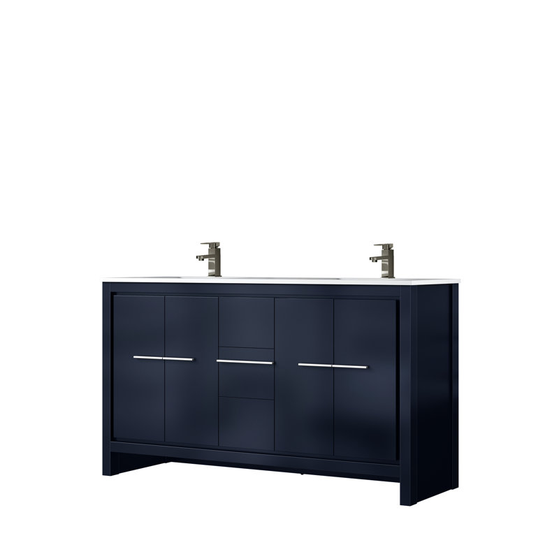 Meuble-lavabo double 60 po, comptoir en marbre de culture et robinet en métal bleu marine, rangement à fermeture douce et tablette ouverte x P 20 po
