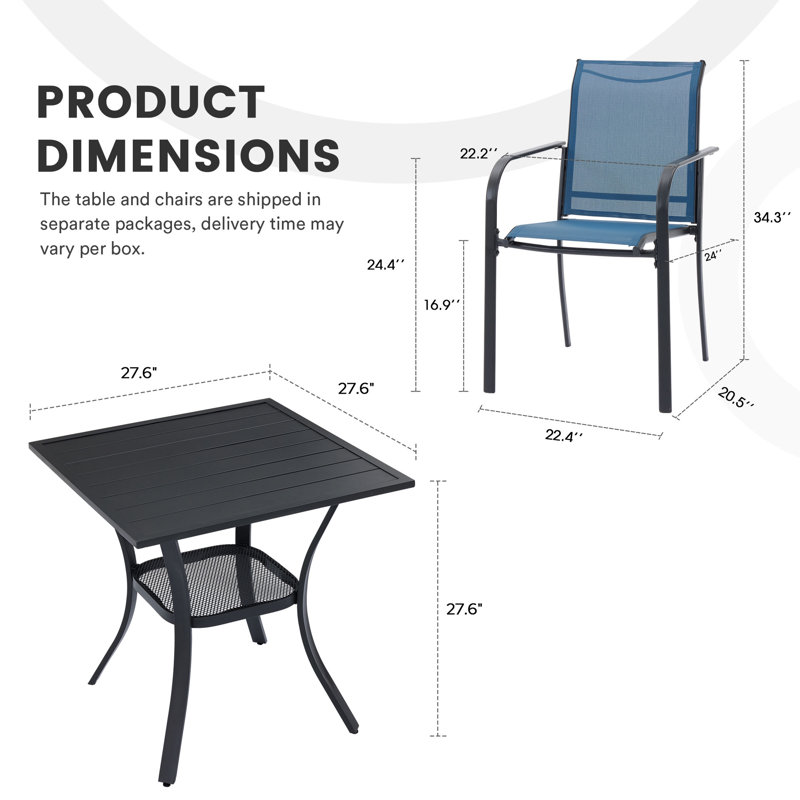 Ensemble de salle à manger carré pour patio Rekiya 2 personnes avec chaises empilables en textilène, Noir et bleu marine