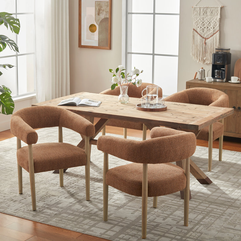 Upholstered Side Dining Armchair With Solid Wood Legs, Orange