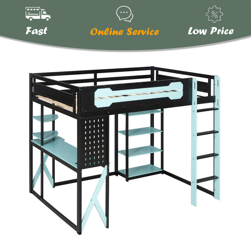 Full Size Wood Loft Bed With Desk, Shelves, Power Outlet & USB/Type-C Ports, , And RGB Light, Blue