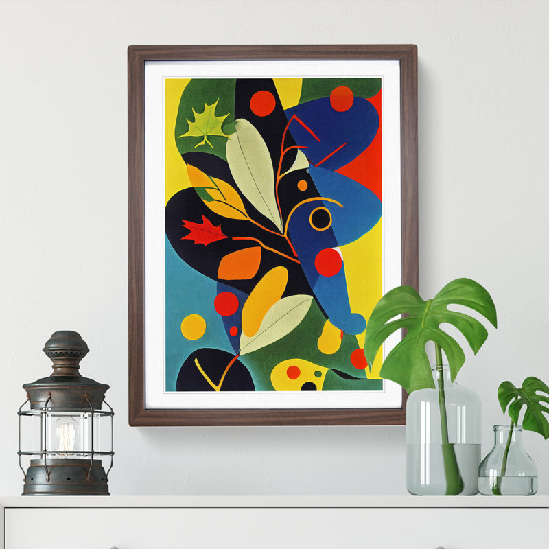 Colourful Abstract Leaves - Single Picture Frame Print, 46cm H x 34cm W x 2cm D, Walnut
