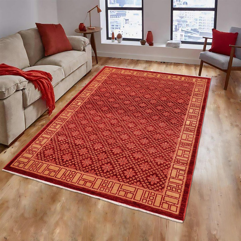 Tapis rouge / jaune en laine noué à la main à motif oriental 5 pi 11 po x 8 pi 6 po Kellyanna