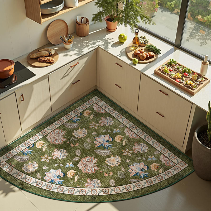 Chinoiserie Floral Rug Vintage Romance Design Washable Non-slip Green, Slice/Wedge 4', Green